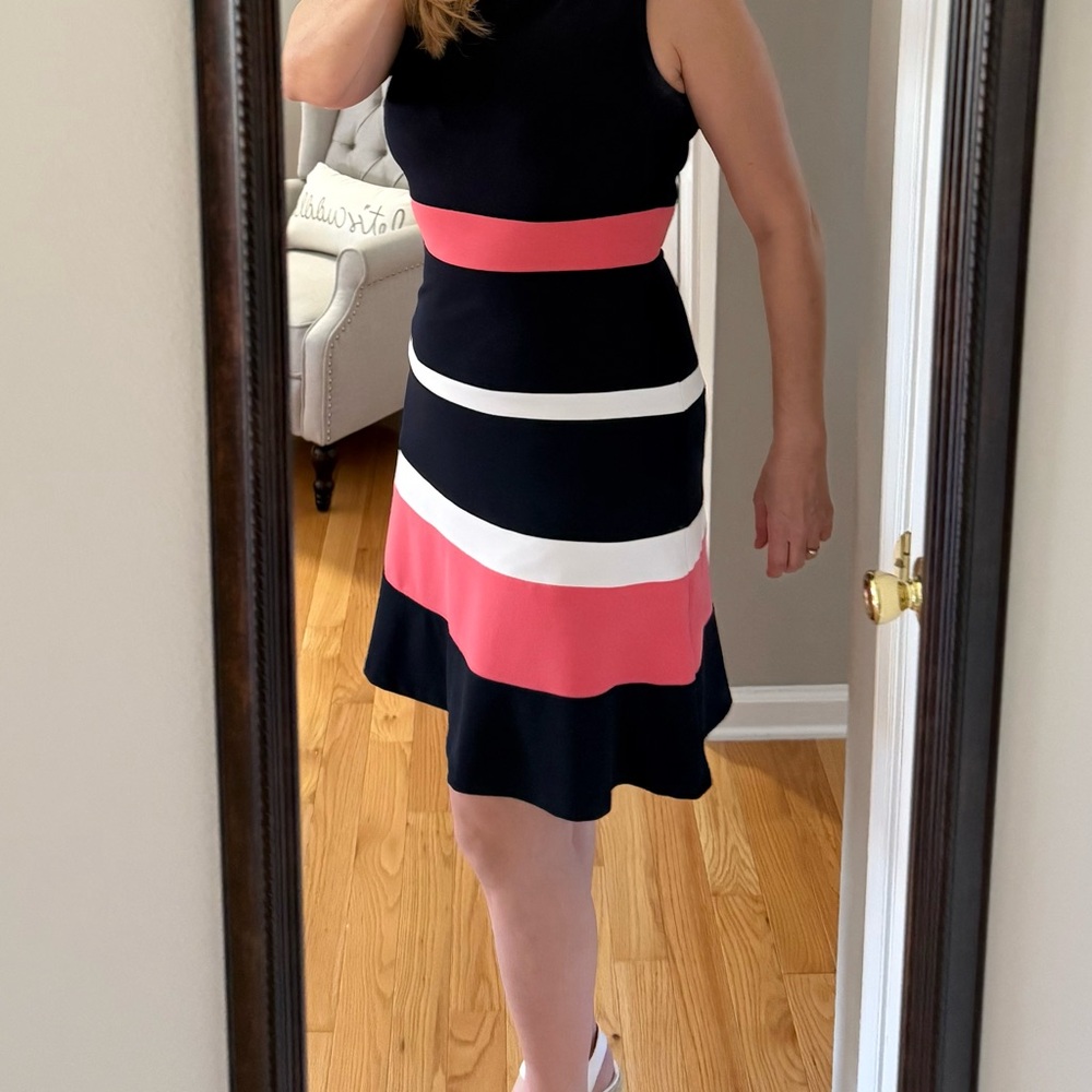 Sleeveless Navy and Pink/White Striped A-line Dress-Tommy Hilfiger